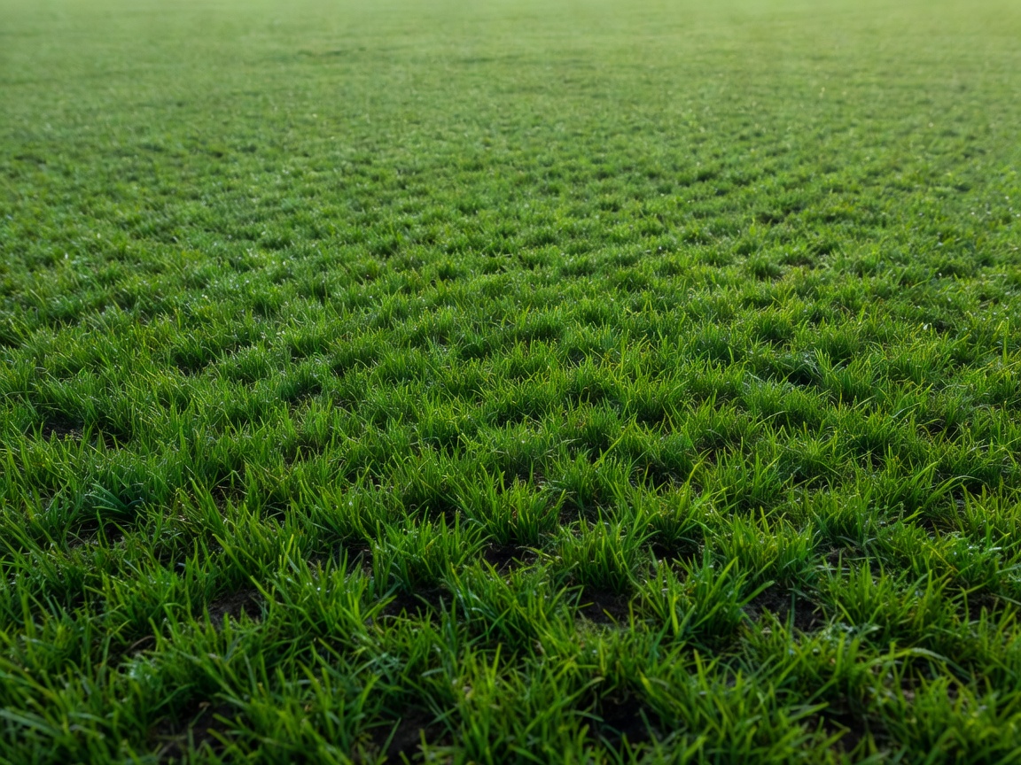 Close-up of freshly aerated football pitch grass with clean green cut