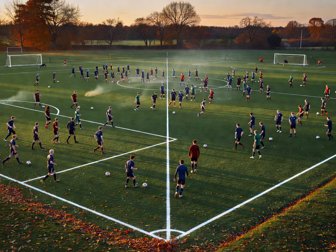 Football pitch during late autumn afternoon training session with crisp turf lines