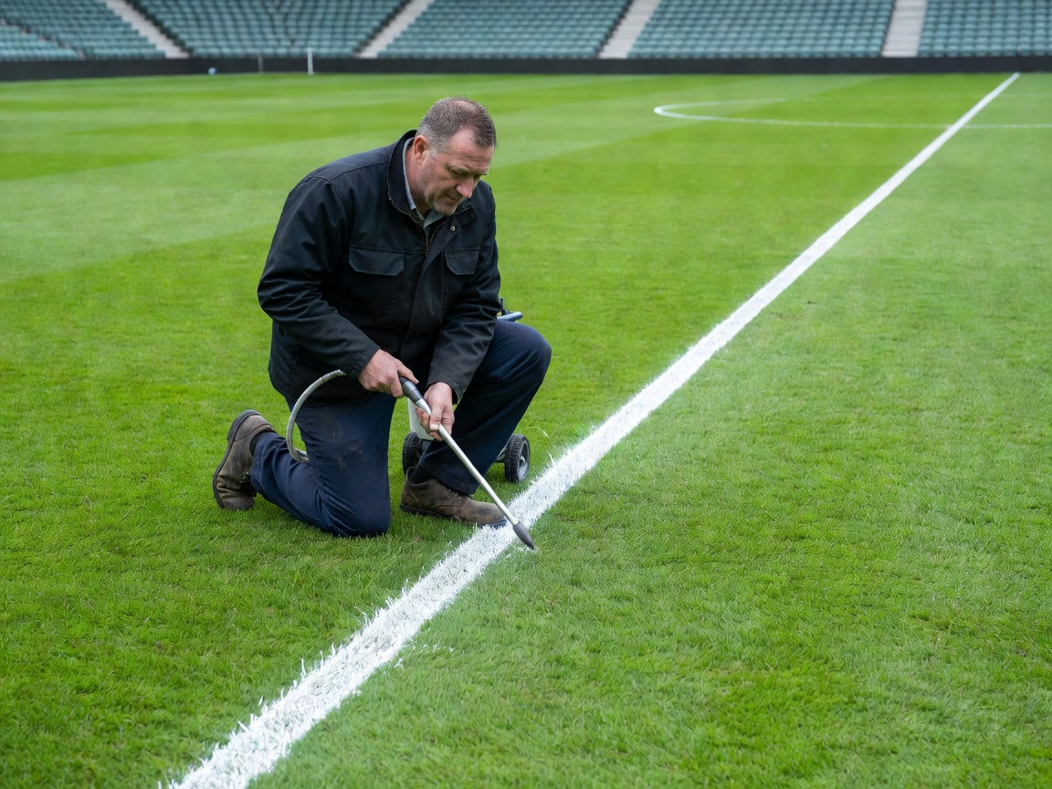 Groundsman using precision marker to apply touchline on lush green football pitch