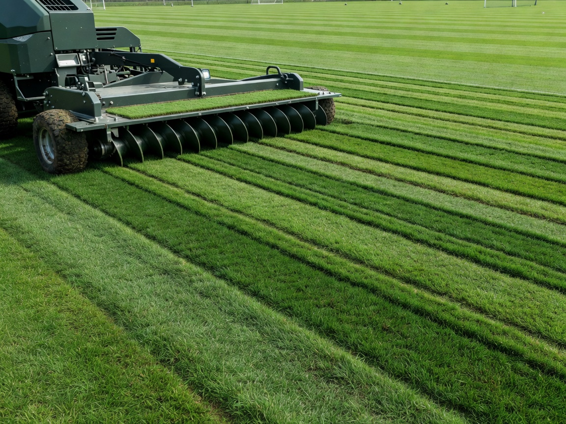 Precision cylinder mower working across football pitch grass sward