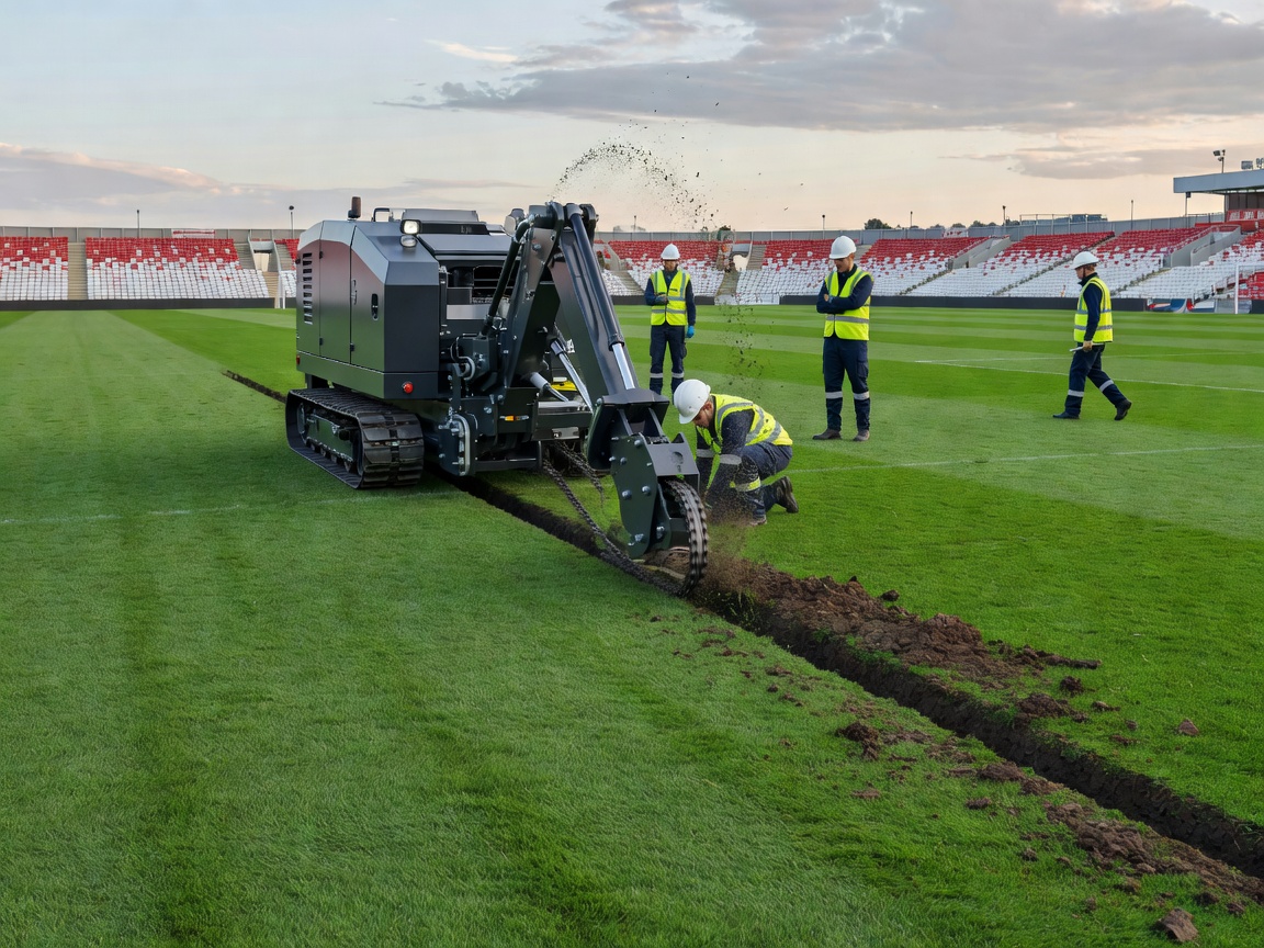 Sub-surface trenching equipment cutting drainage lines into a football pitch
