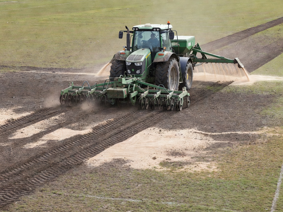 Tractor pulling disc seeder and sand spreader during spring football pitch renovation