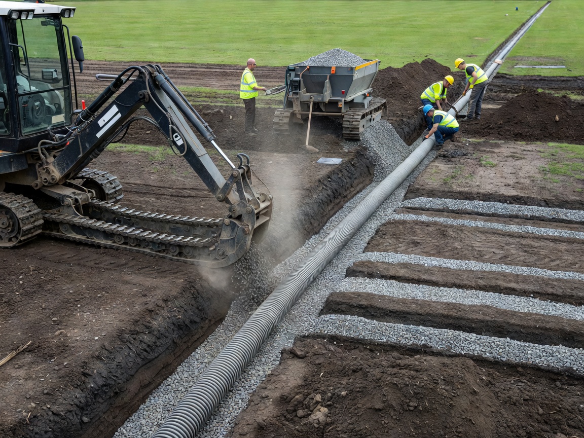 Trenching equipment installing sub-surface pitch drainage pipe and gravel bands