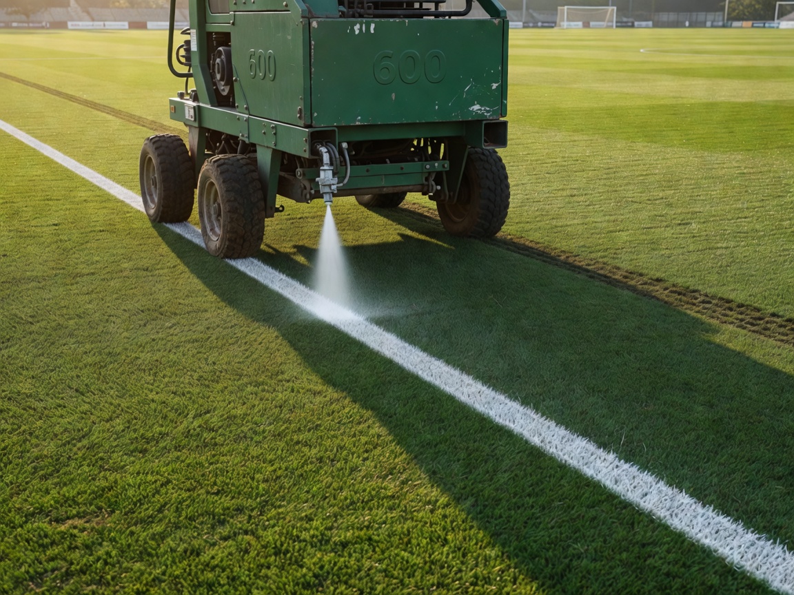 Wheel-to-wheel line marking machine rolling crisp white line on football turf